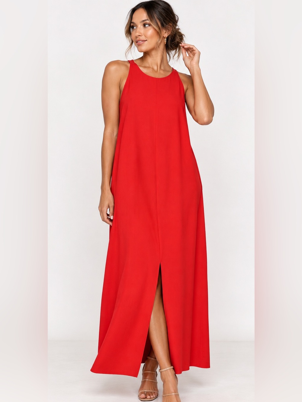 Eileen Fisher Red Tencel Crepe Front Slit Sleeveless Maxi Dress Size S